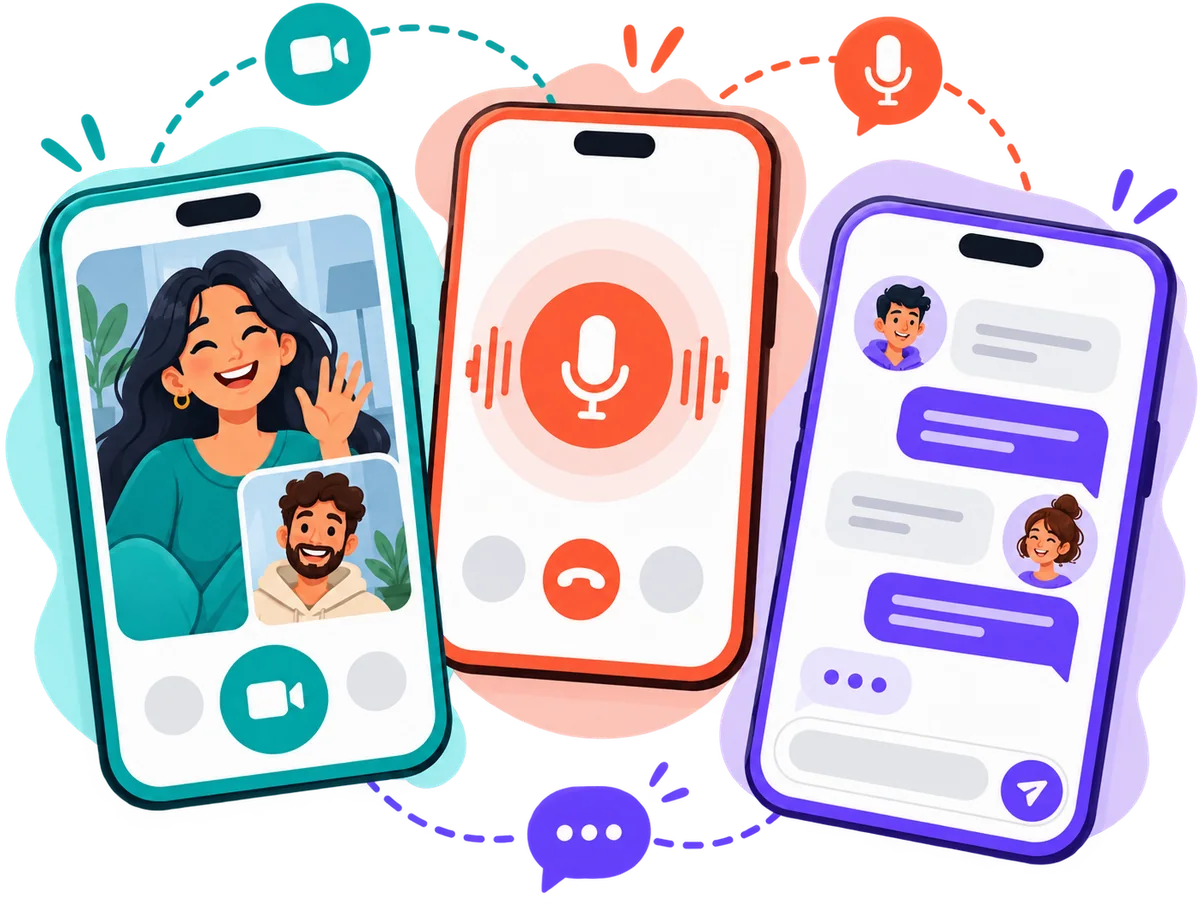 Three phones showing StrangerLine video chat, voice chat and text chat