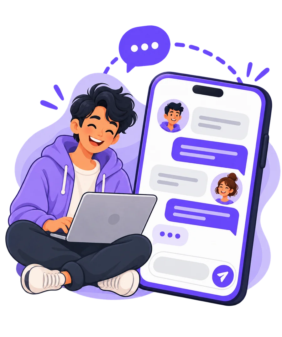 A random text chat on StrangerLine: a person typing on a laptop next to a phone with chat bubbles