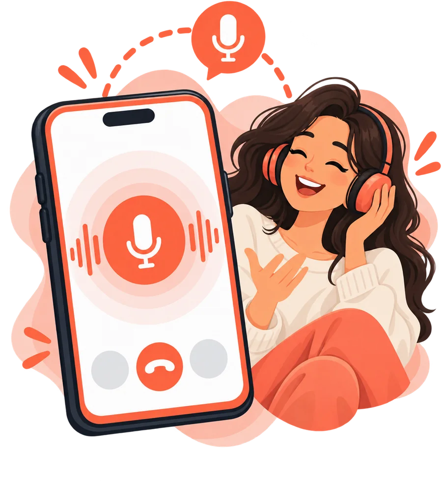A random voice chat on StrangerLine: a phone showing a microphone and sound waves, with a person in headphones laughing